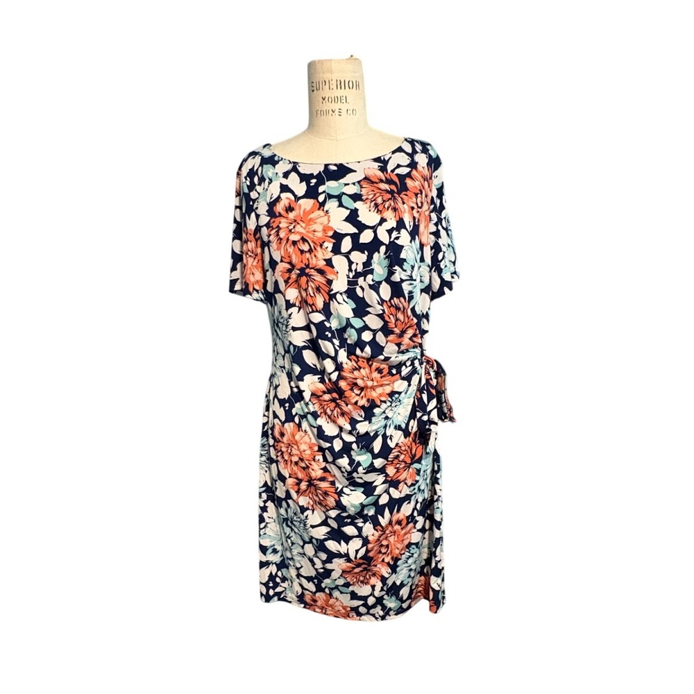 AUW Women Navy Blue Floral Side Tie Dress Size 12 Short Sleeve Office Wedding